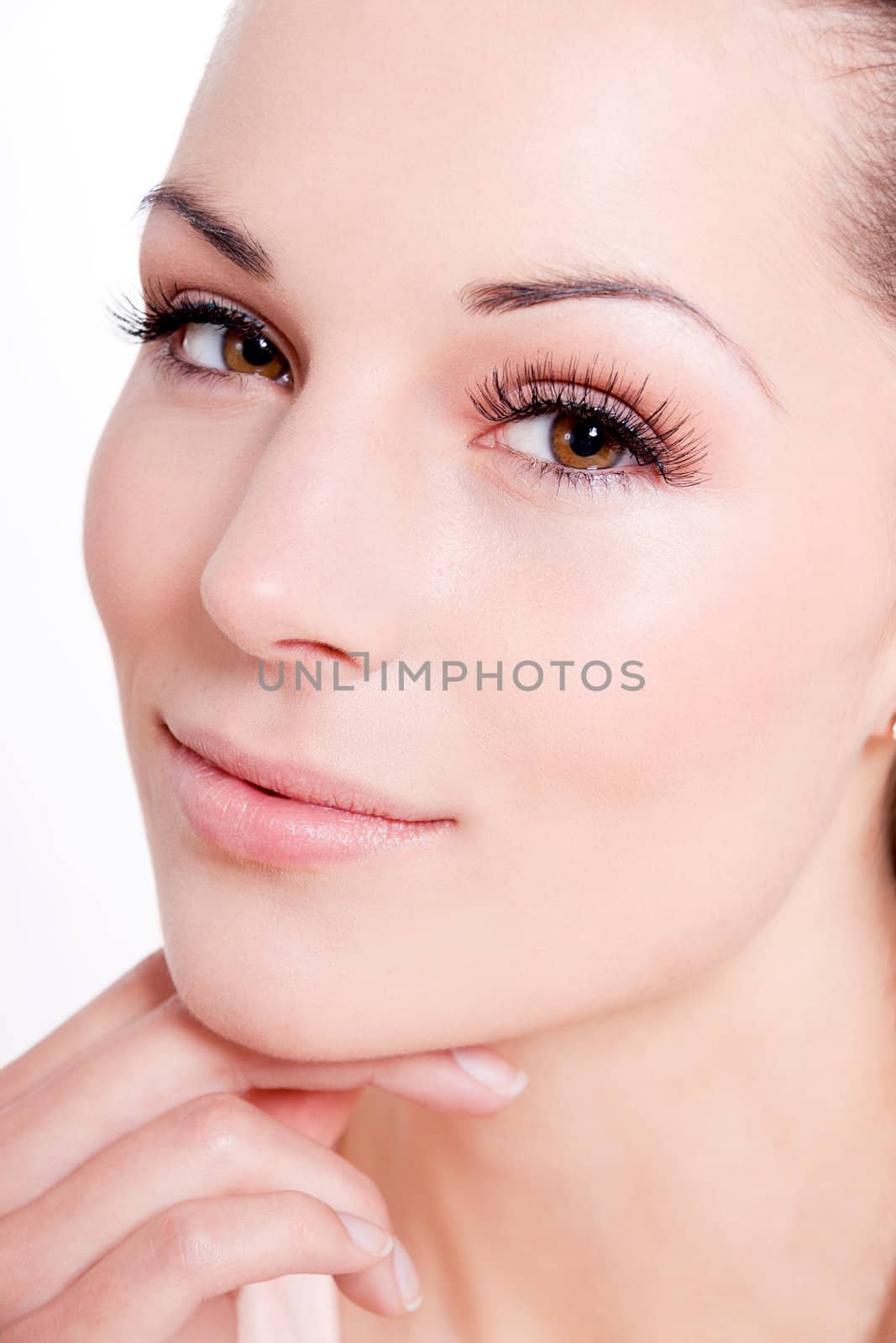 natural beautiful woman face closeup portrait isolated on white