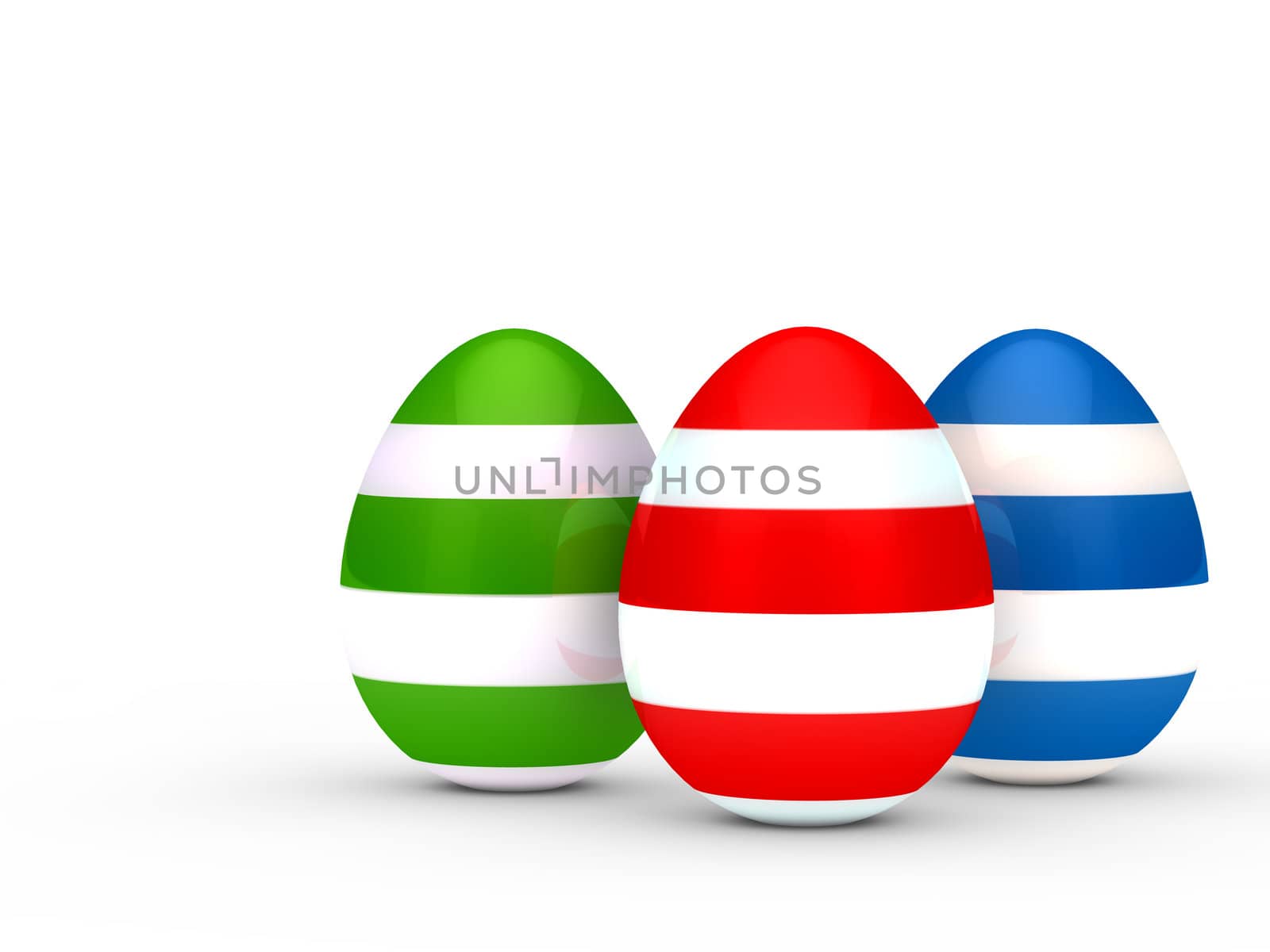 Three colorful eggs with stripe on ground