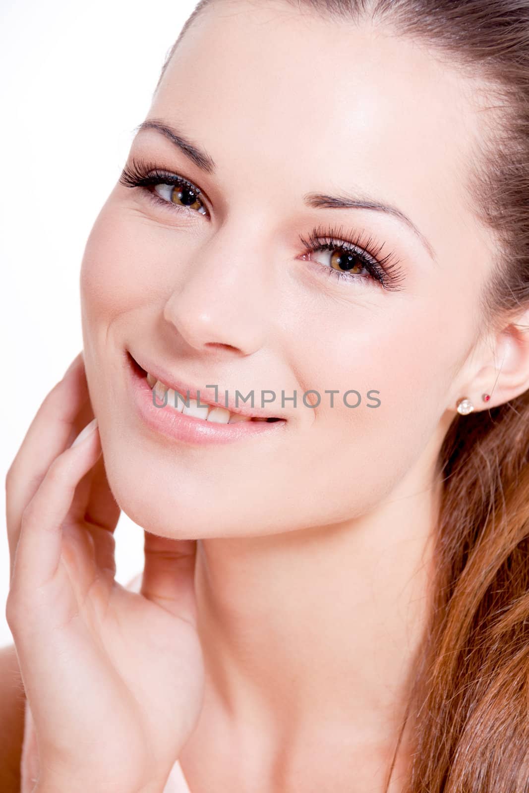 natural beautiful woman face closeup portrait isolated on white