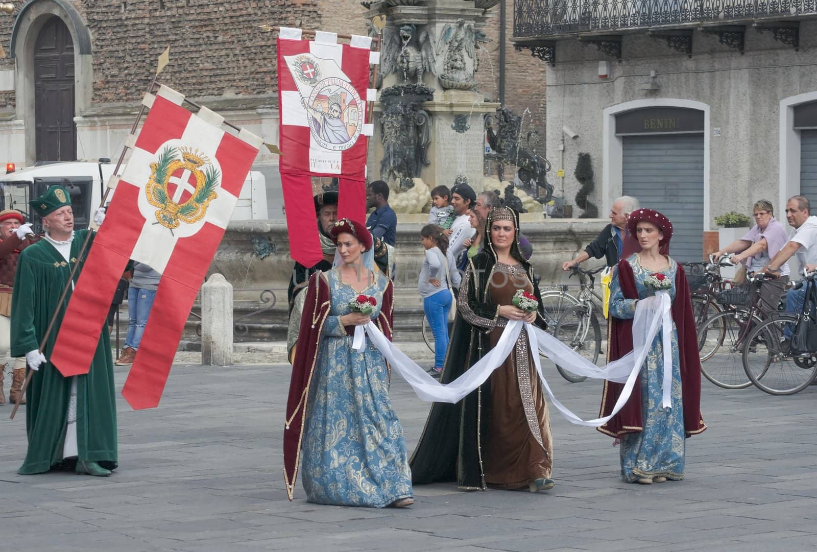 Participants of the National championship of the medieval flag bearers and musicians in Faenza, Italy