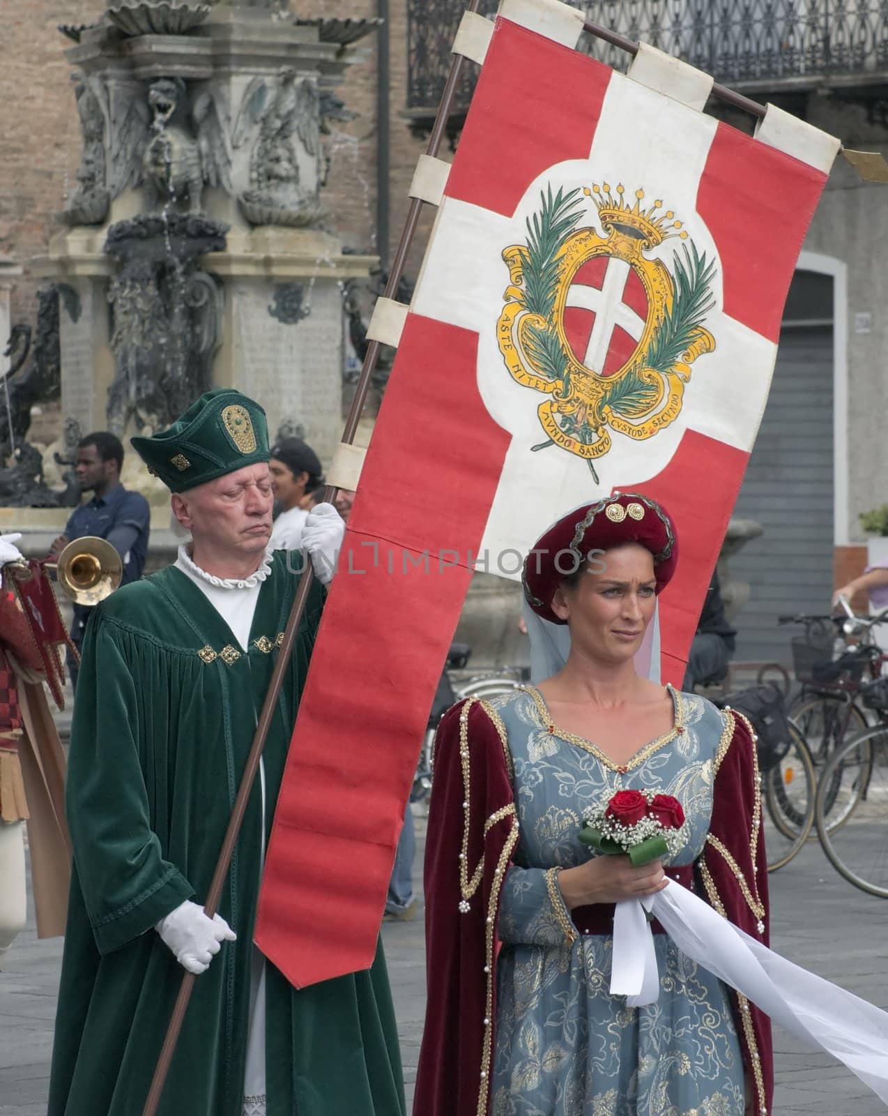 Participants of the National championship of the medieval flag bearers and musicians in Faenza, Italy