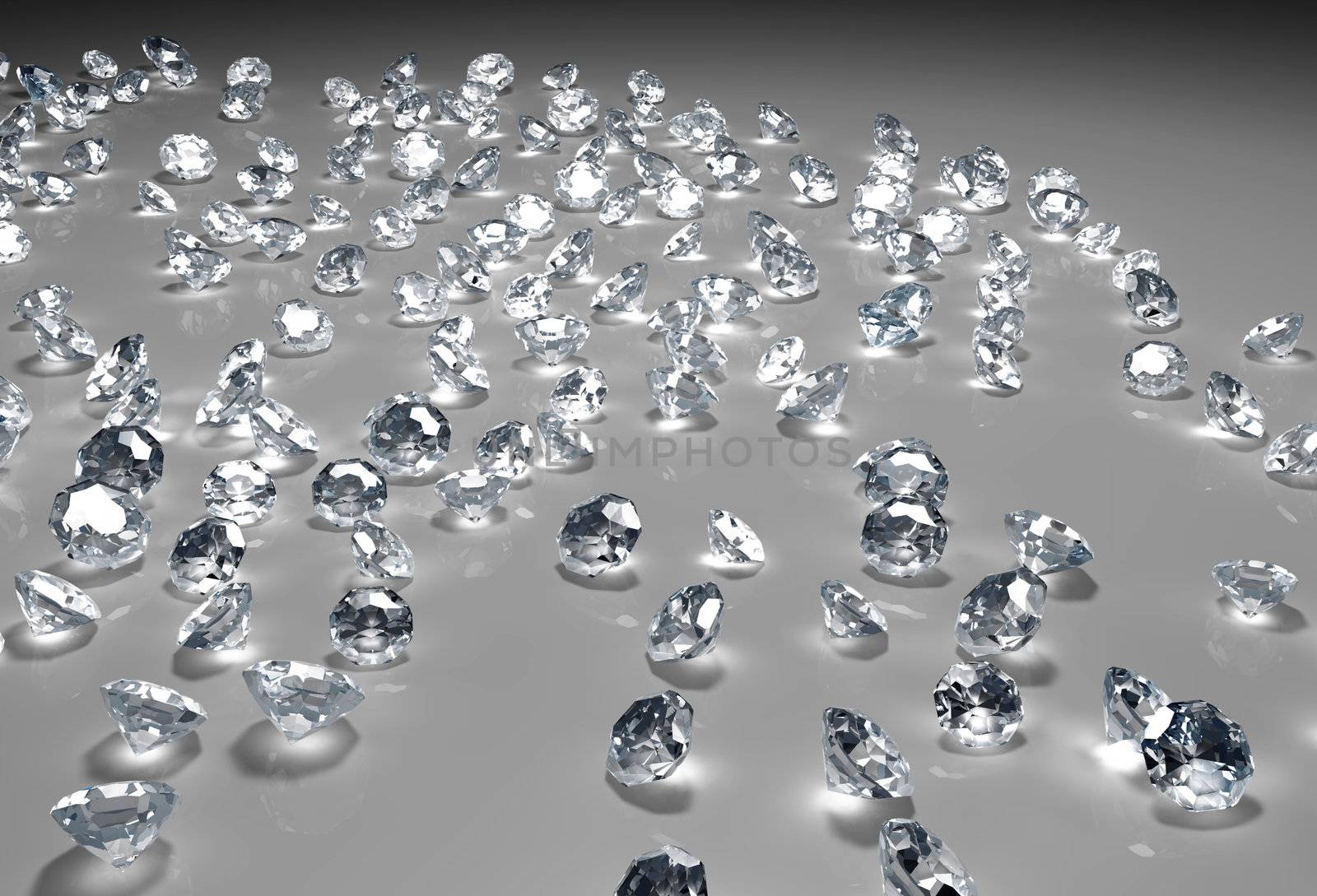 many diamonds of different size and in a random disposition are lying on a grey floor, with a light over them that fades to dark in the distance