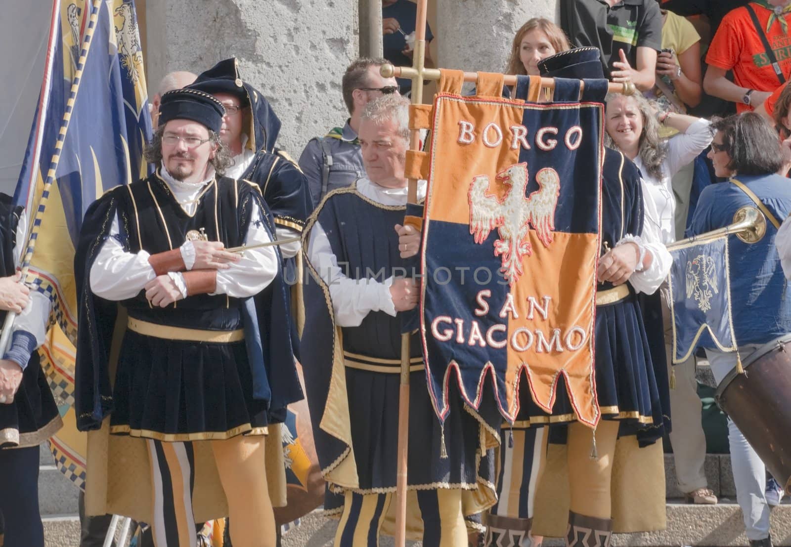 Participants of the National championship of the medieval flag bearers and musicians in Faenza, Italy