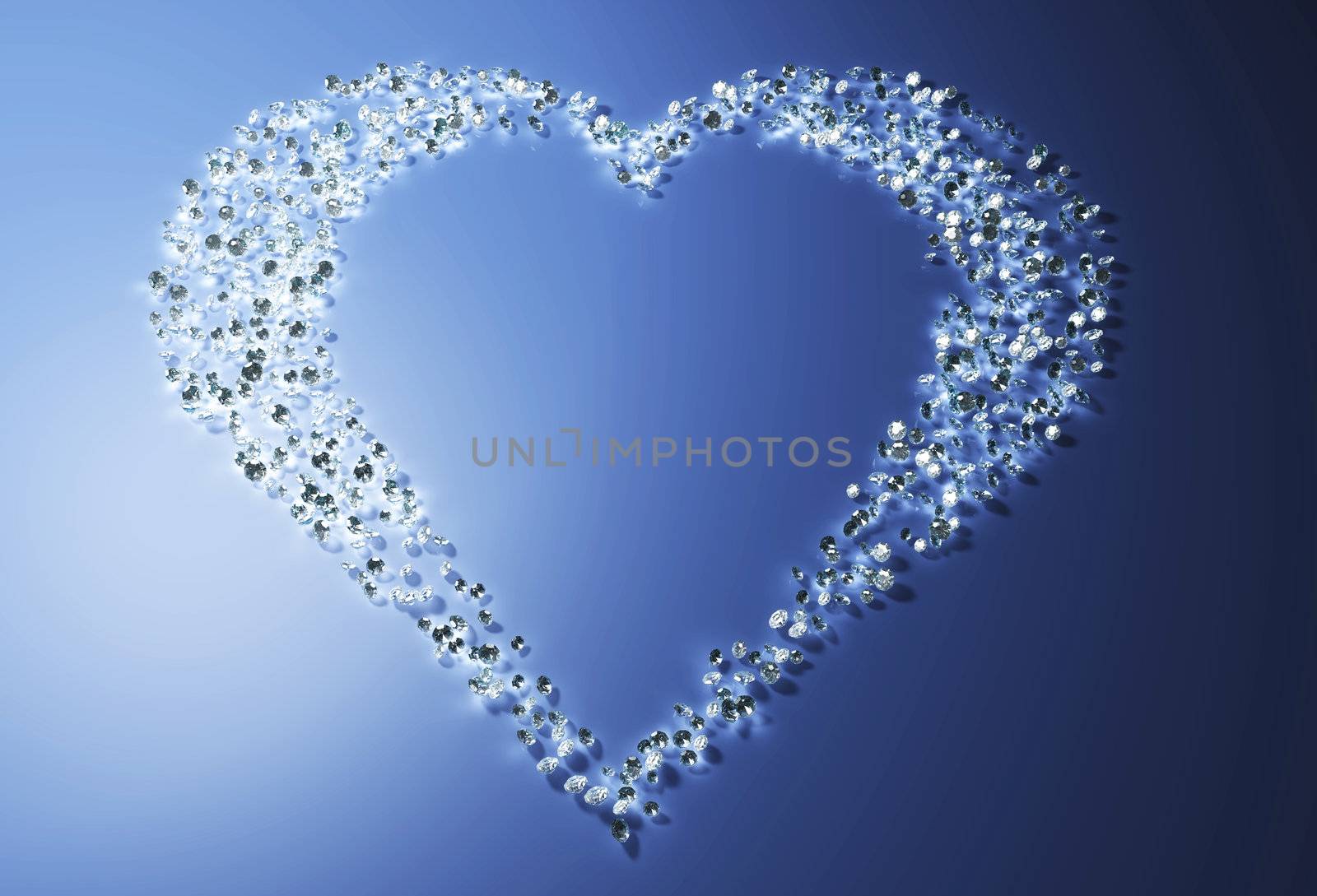 a group of many small diamonds have been put together to form a shape that represents a heart that is lying on a blue background, and a light over its left side illuminates the scene