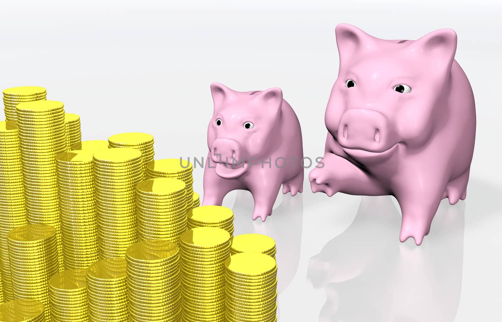 a pink piggy bank father indicates to his amazed son a stack of coins that is partially hidden at the camera
