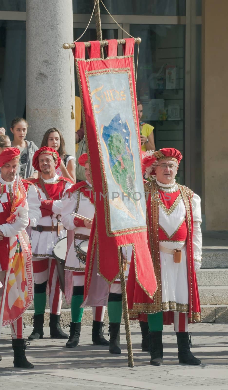 Participants of the National championship of the medieval flag bearers and musicians in Faenza, Italy