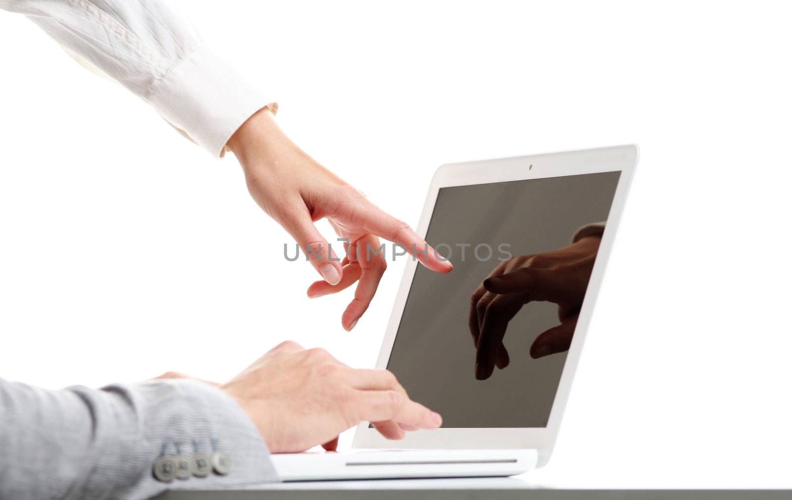  two business peoples at working on white background
