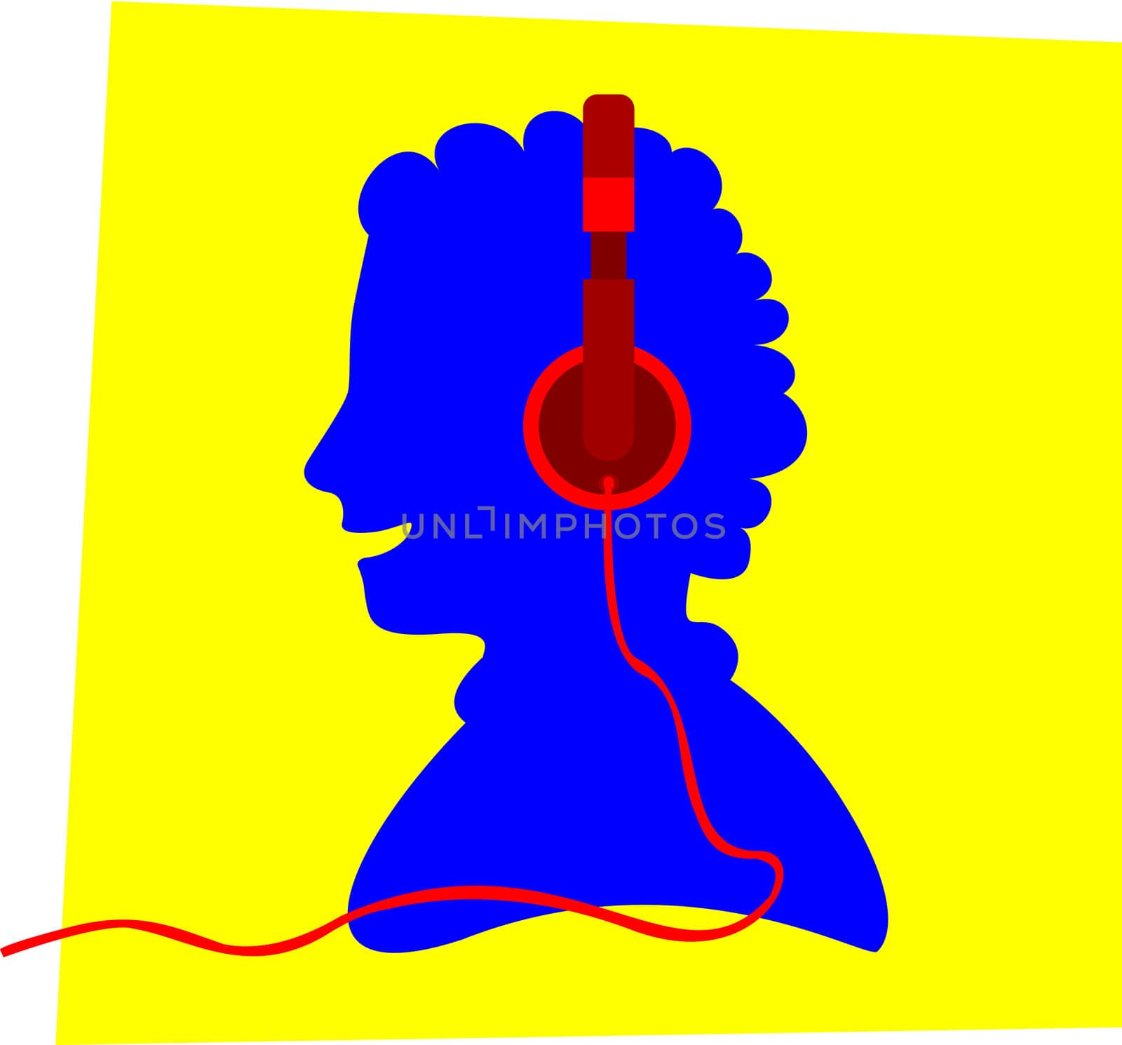 Blue silhouette of a smiling young person wearing a red colored headphone, in front of a yellow frame, apparently listens to music.