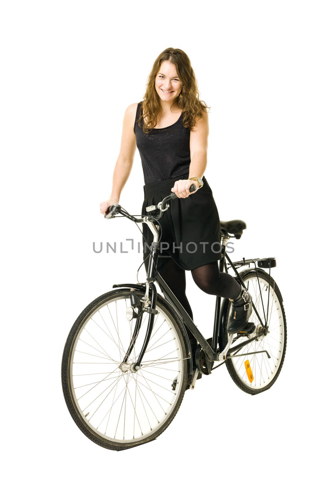 Woman on a bicycle isolated on white background