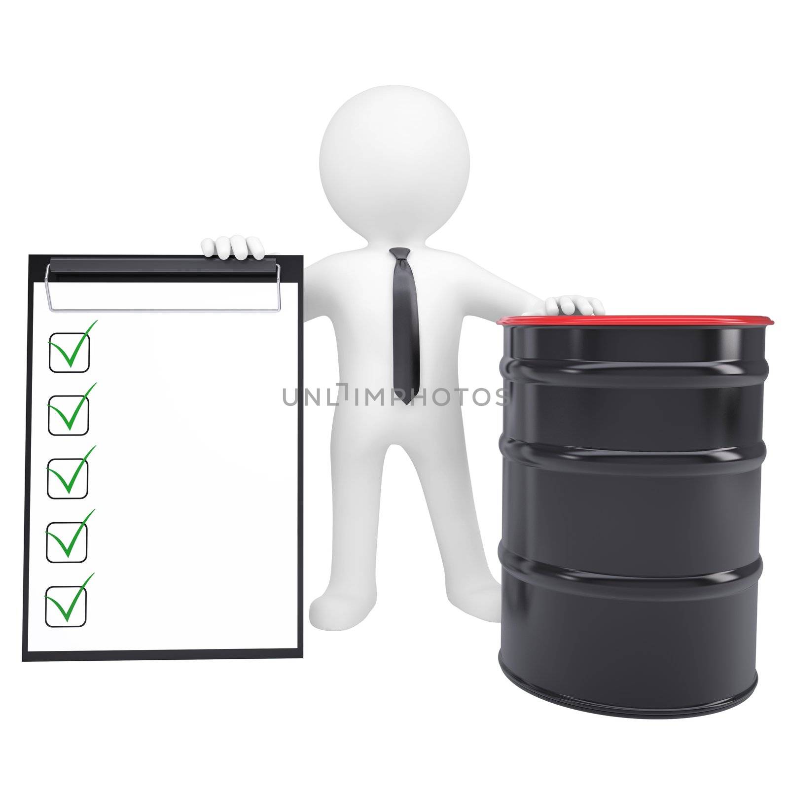 3d white man holding a paper holder and a black barrel. Isolated render on a white background