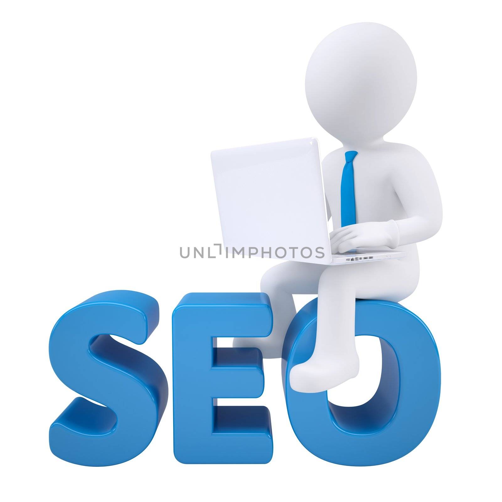 3d man with laptop sitting on SEO. Isolated render on a white background