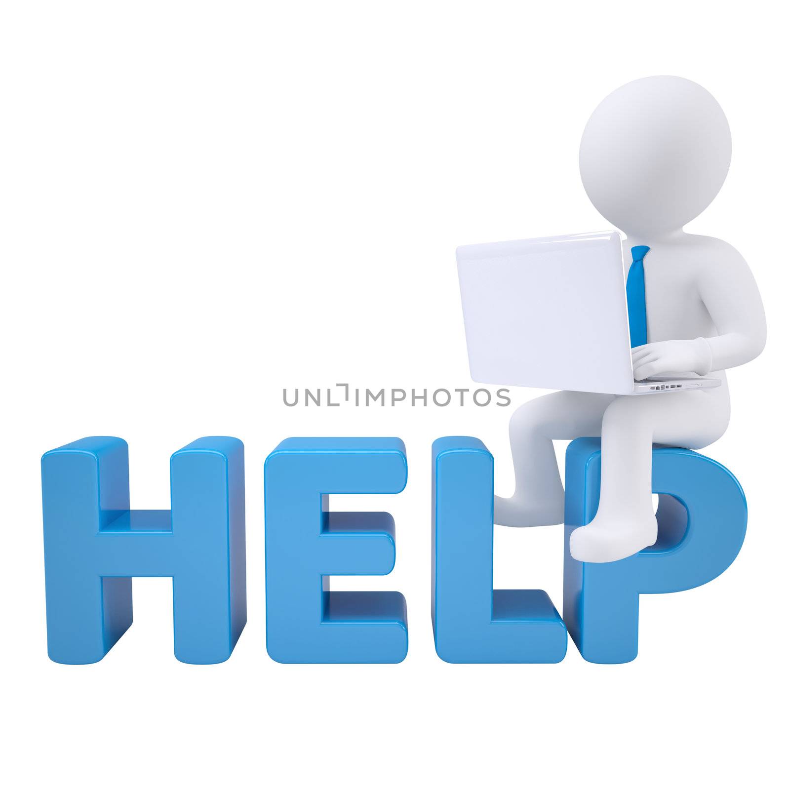 3d man sitting with a laptop on the word help. Isolated render on white background