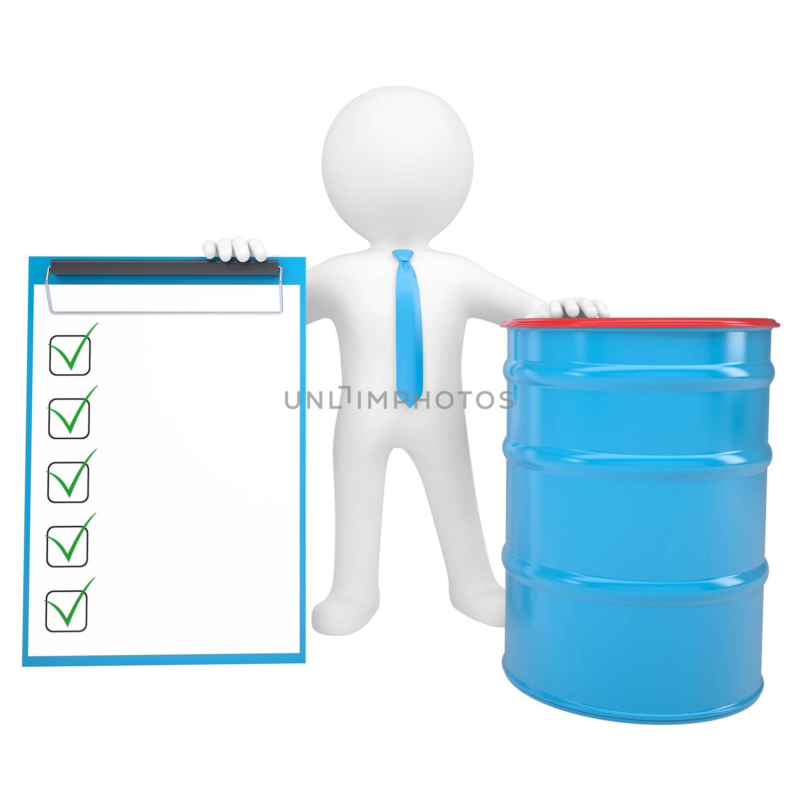 3d white man holding a paper holder and a blue barrel. Isolated render on a white background