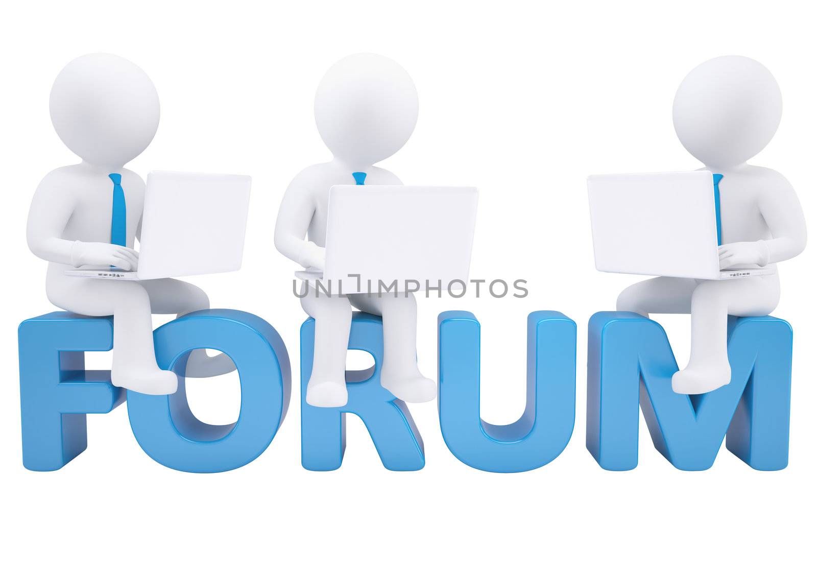 3d man sitting with a laptop on the word forum. Isolated render on white background