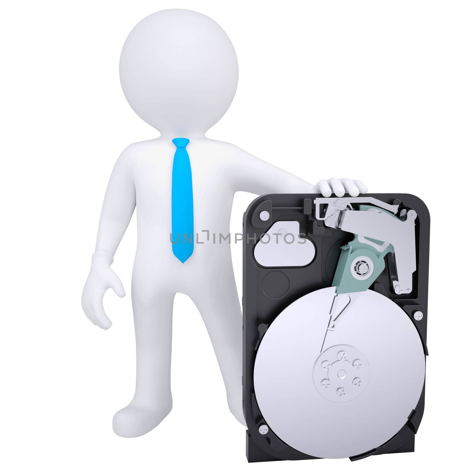 3d white man holding a hard drive. Isolated render on a white background