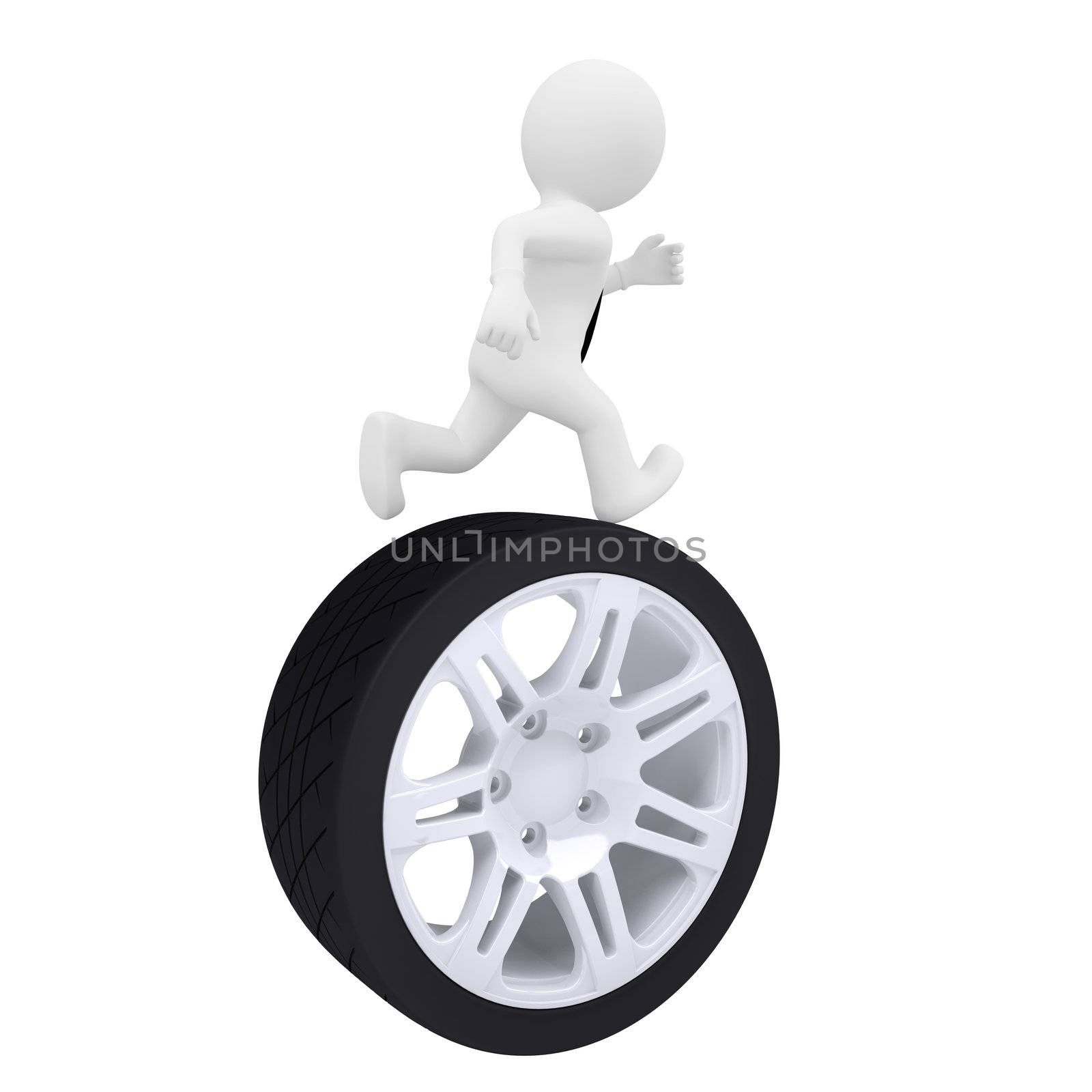 3d man running on the car wheel. Isolated render on a white background