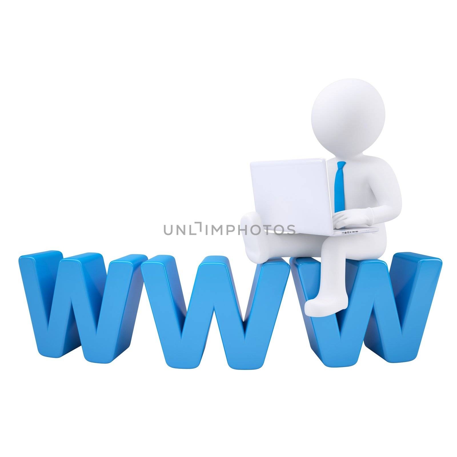 3d white man with a laptop sitting on the labels WWW. Isolated render on a white background