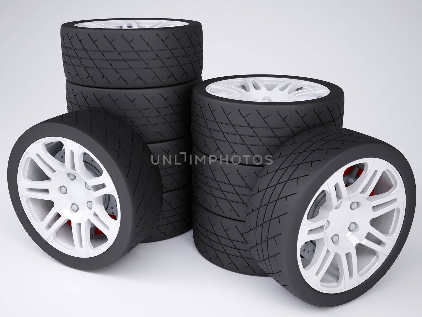 A stack of wheels with discs. Isolated render on a white background