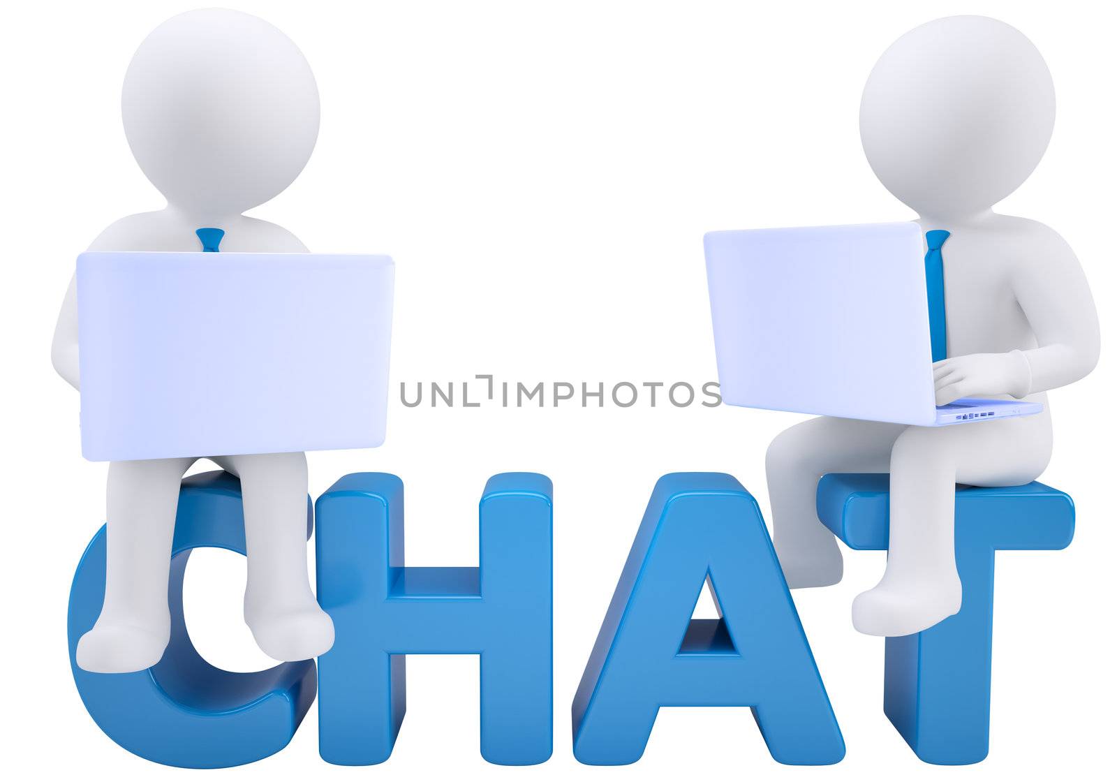 3d man sitting with a laptop on the word chat. Isolated render on white background