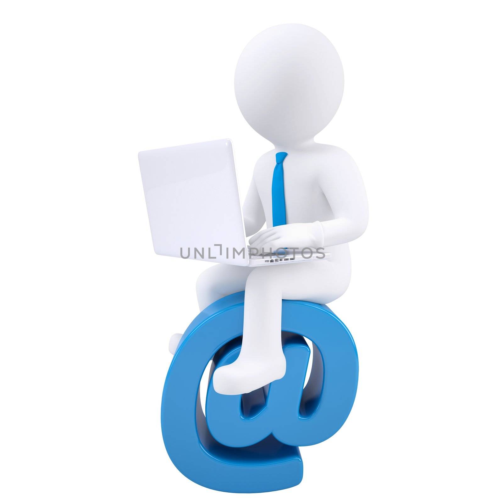 3d man with laptop sitting on the email icon. Isolated render on a white background
