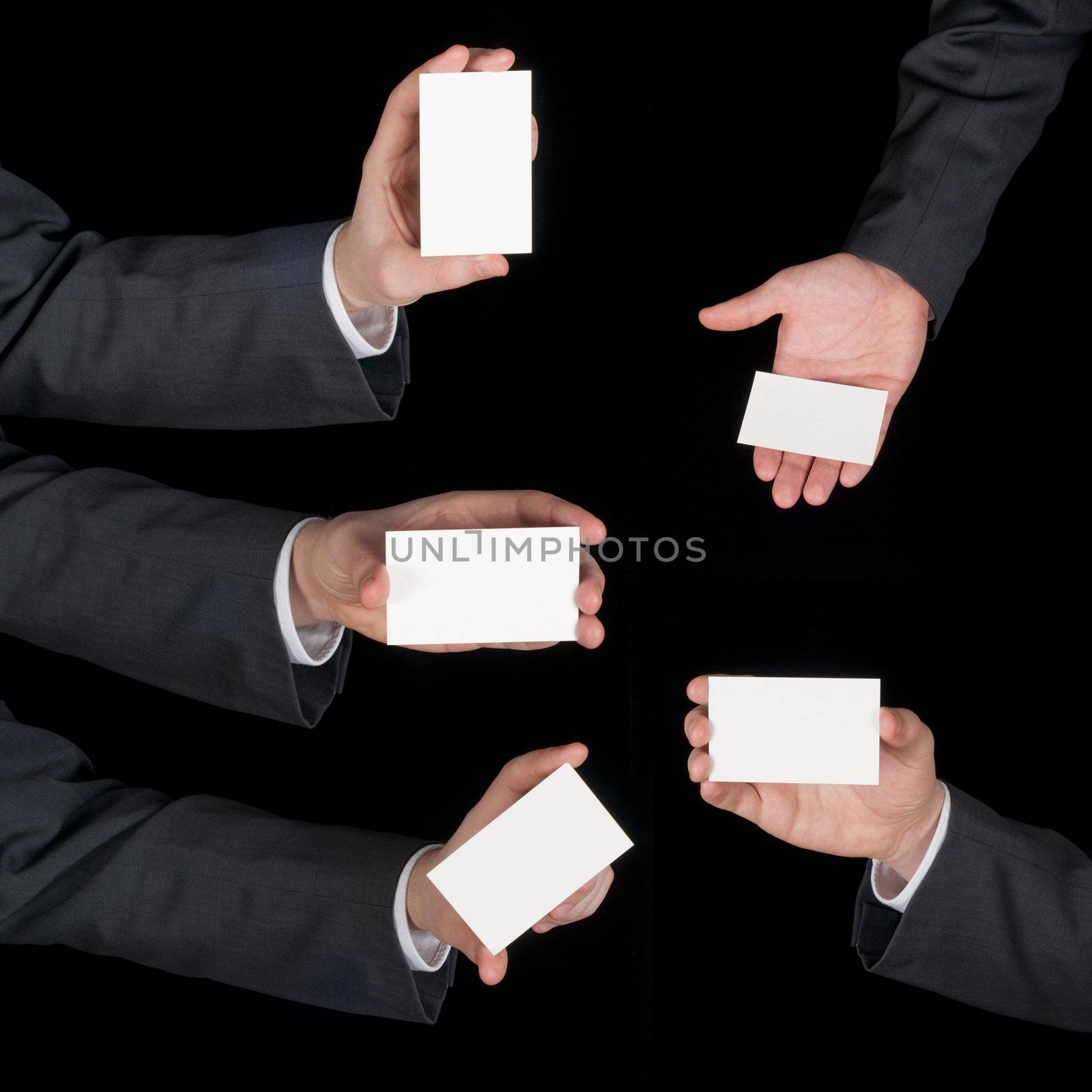 Hands hold business cards collage on black background