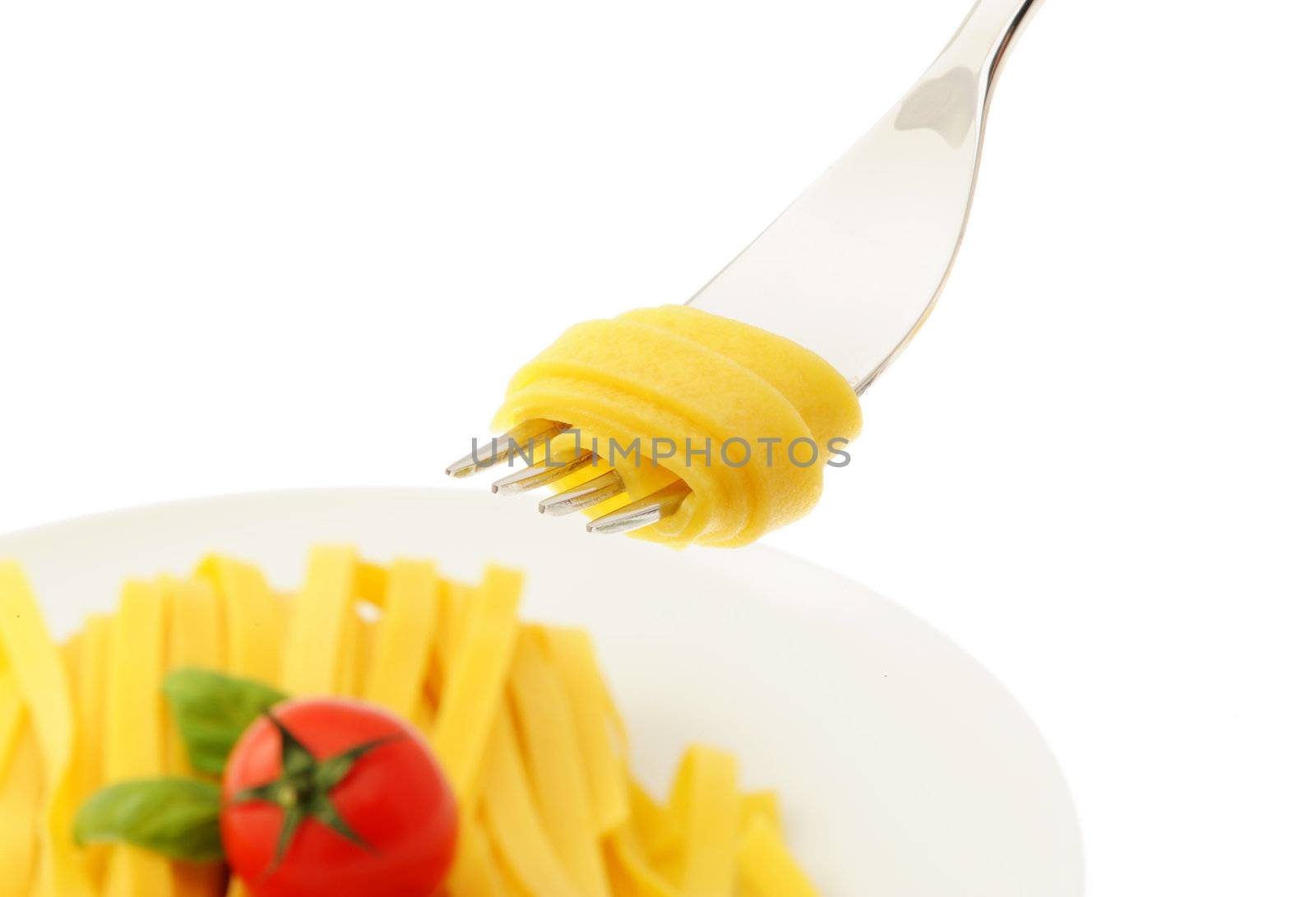 Rolled spaghetti on a fork, italian food