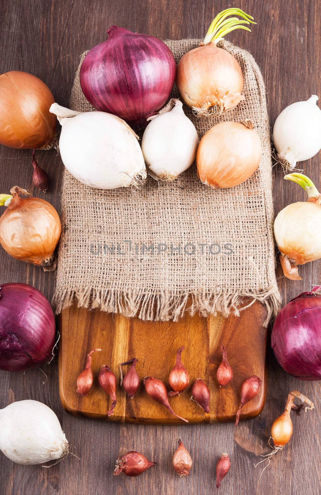 Different varieties of onions on a kitchen board and bagging