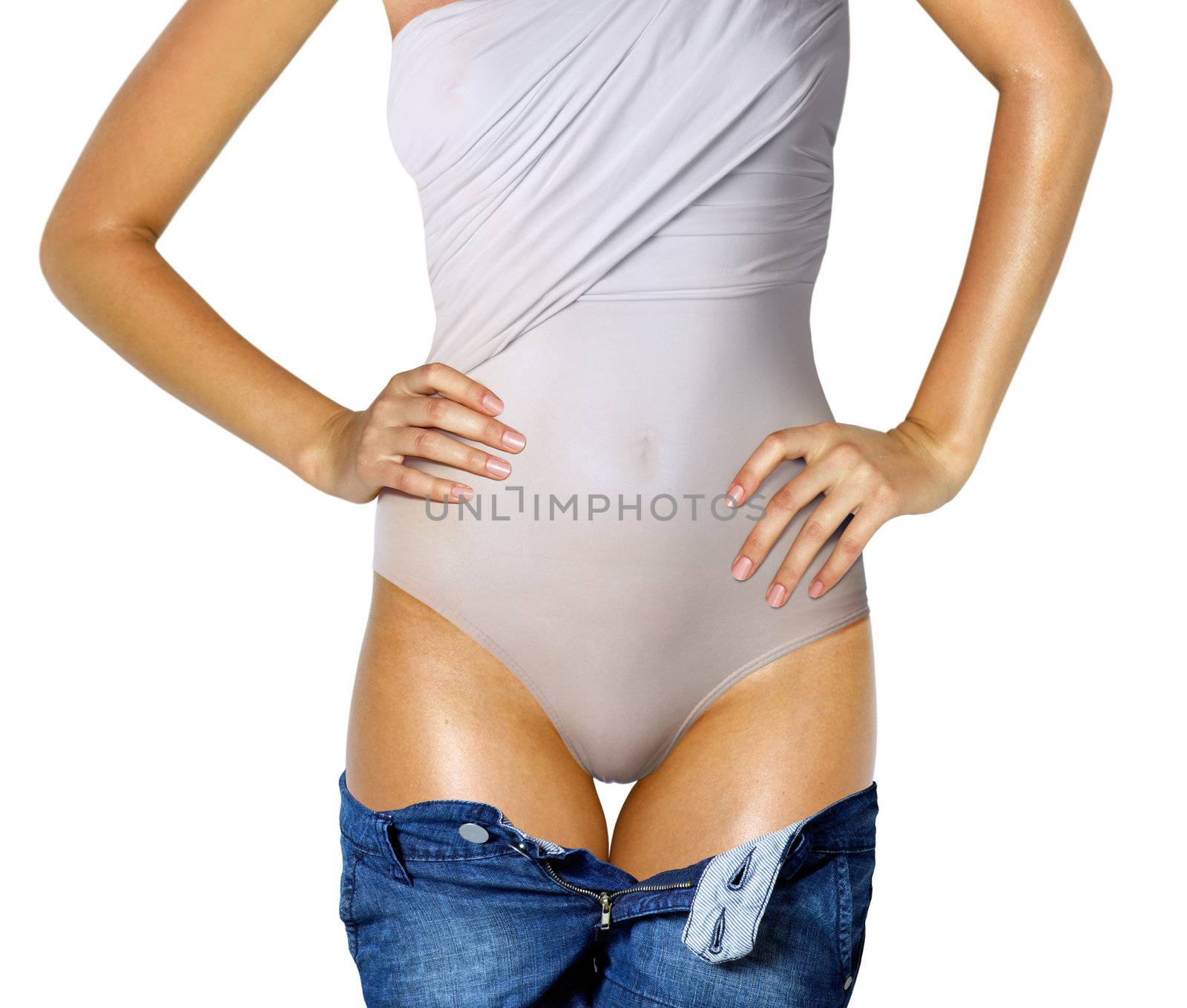part of woman body in underwear and jeans