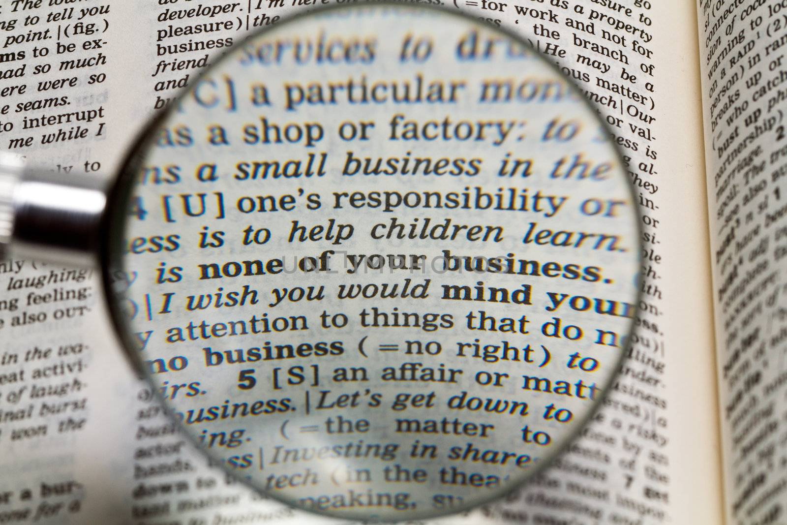 the phrase none of your business in dictionary magnified by handheld magnifying glass