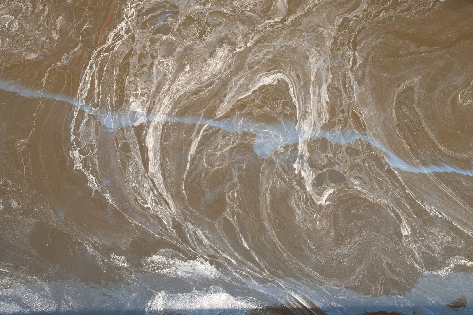 Water pollution in river, oil floating on the water