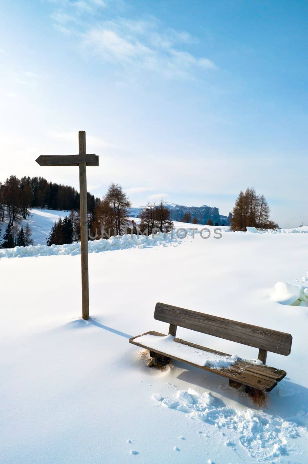 Wooden Winter bench with mark trial in winter snow scape