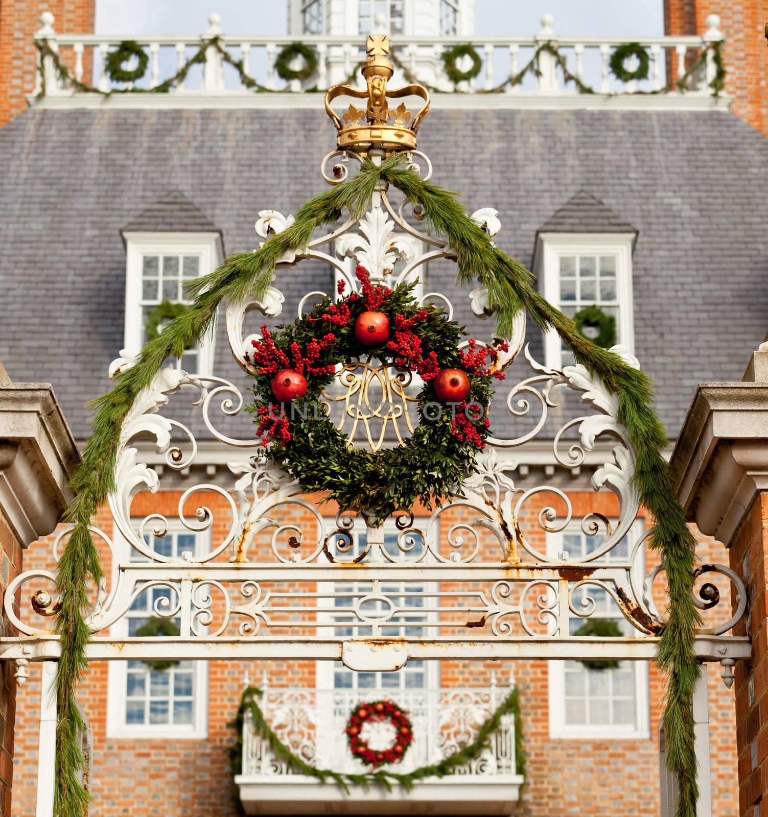 WILLIAMSBURG, VIRGINIA - DECEMBER 30: Entrance to Governors Palace decorated for xmas on December 30, 2011. Colonial Williamsburg's 301 acres includes many restored buildings and houses