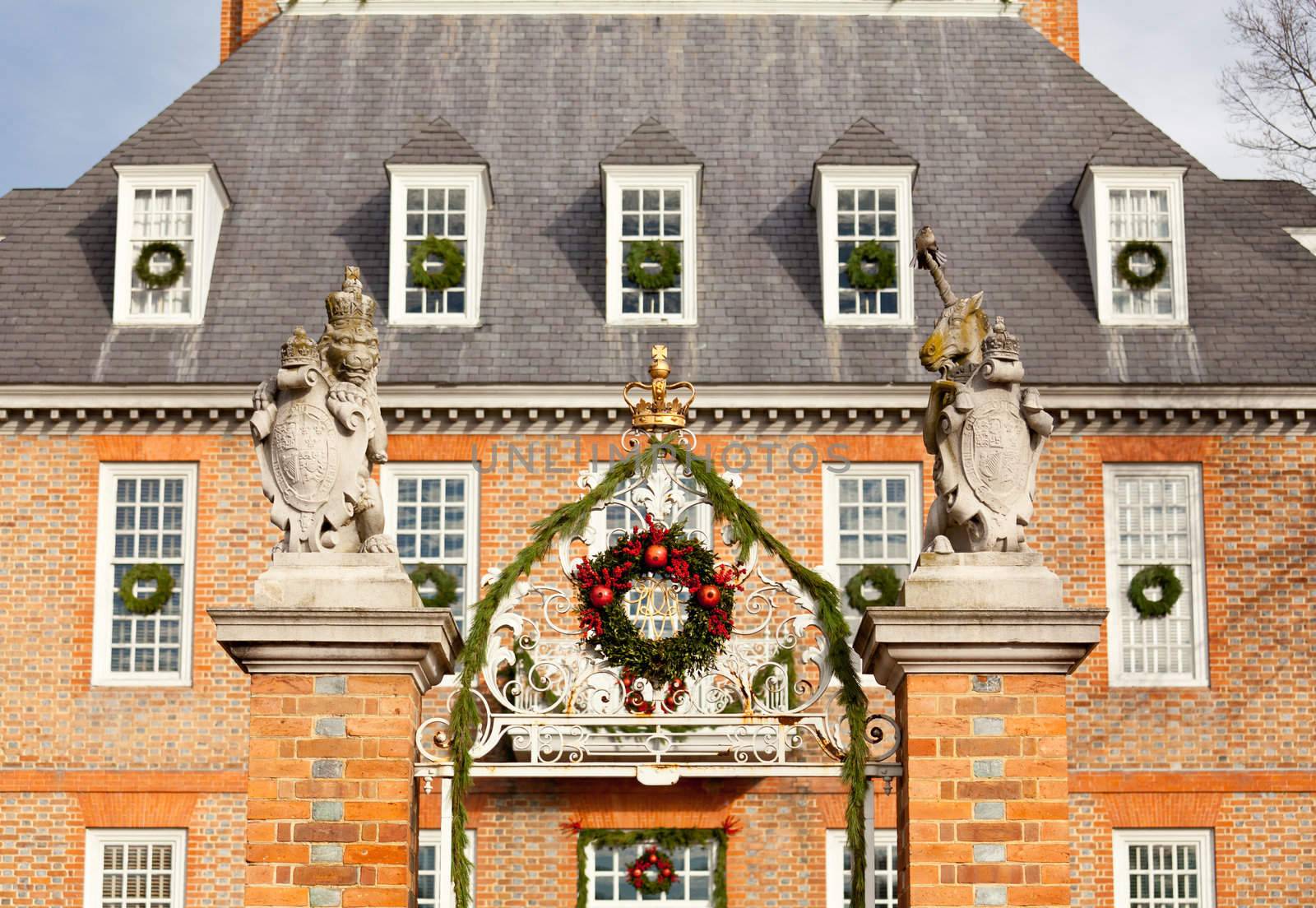 WILLIAMSBURG, VIRGINIA - DECEMBER 30: Entrance to Governors Palace decorated for xmas on December 30, 2011. Colonial Williamsburg's 301 acres includes many restored buildings and houses