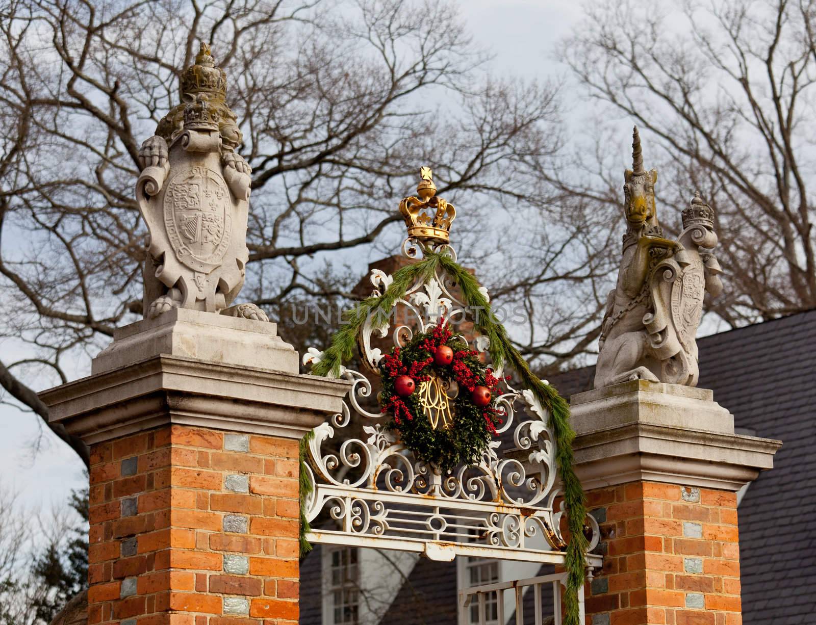 WILLIAMSBURG, VIRGINIA - DECEMBER 30: Entrance to Governors Palace decorated for xmas on December 30, 2011. Colonial Williamsburg's 301 acres includes many restored buildings and houses