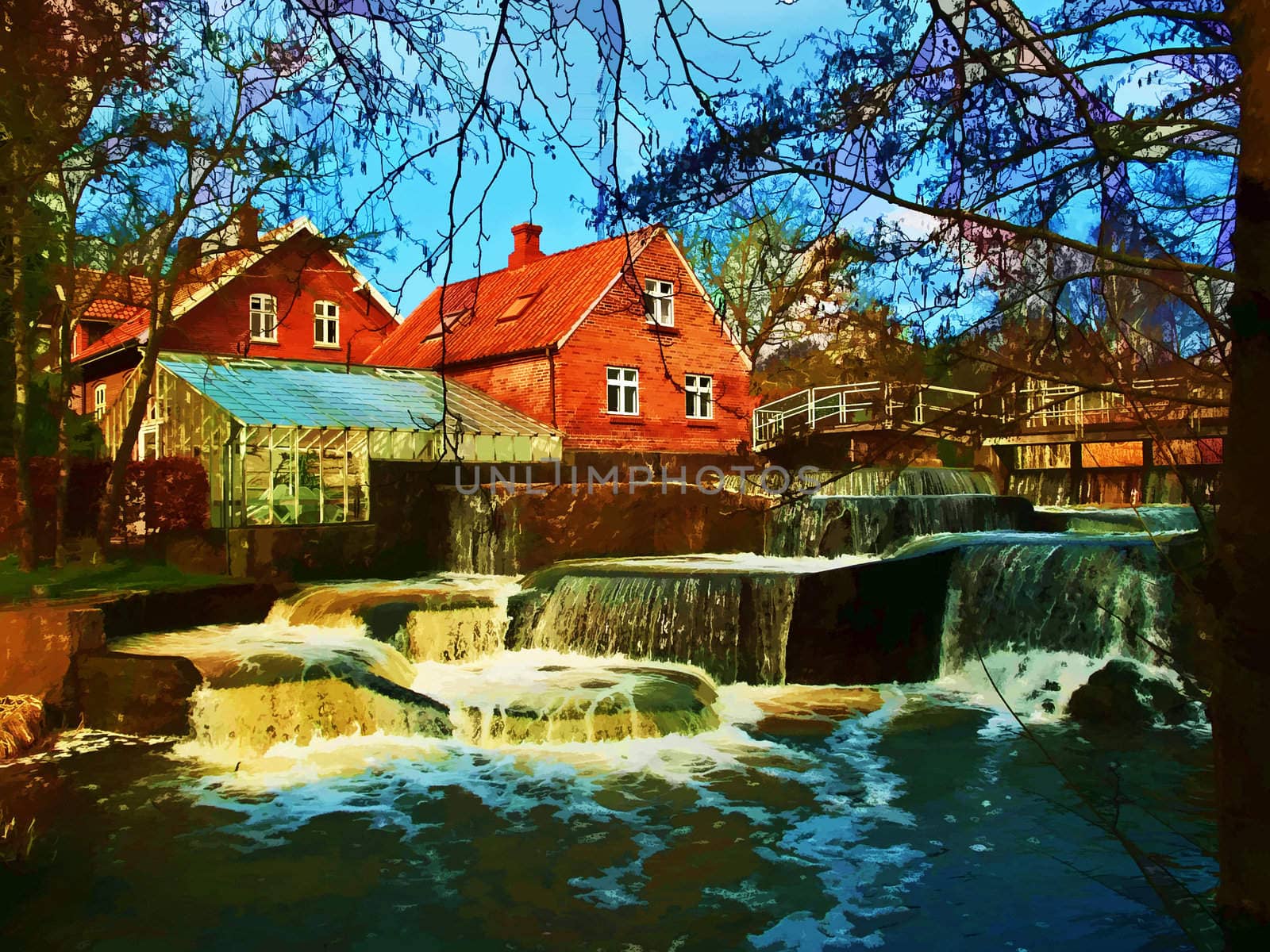 Beautiful Waterfall Country Landscape Denmark - Zen motion falling water digital art manipulation