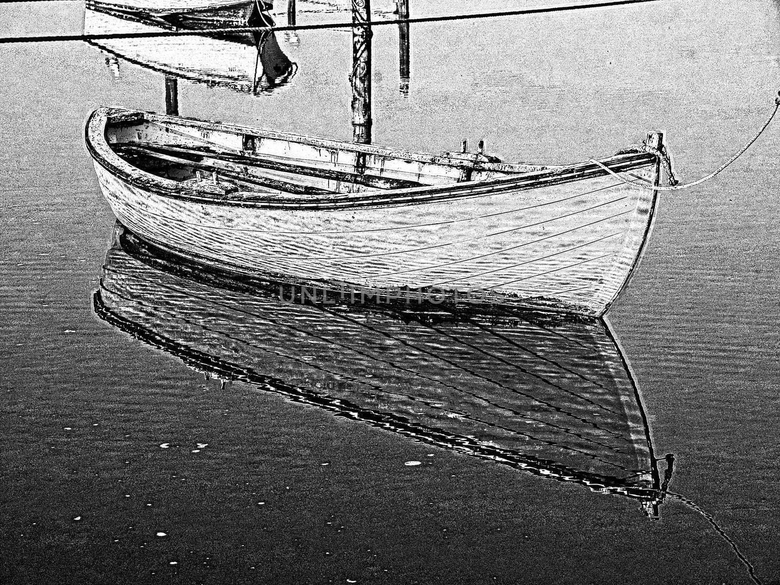 Small classical dinghy dory fishing raw boat floating in the water with reflection digital art manipulation