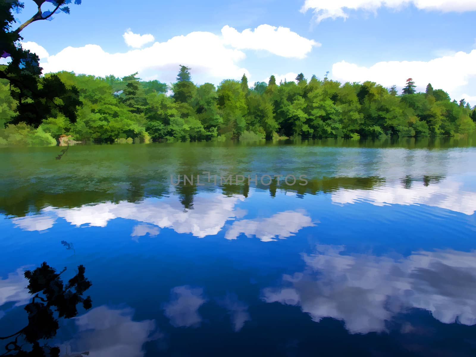 Magnificent beautiful reflection of trees and clouds in a lake great mirror effect digital art manipulation