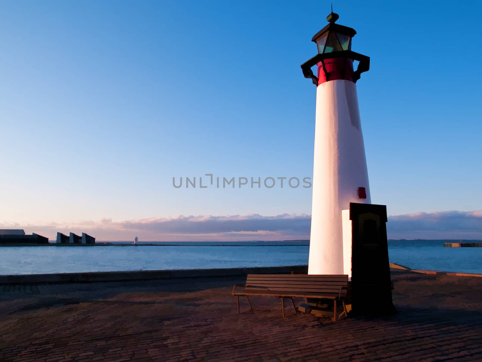 Small old red and white lighthouse by the sea digital art manipulation