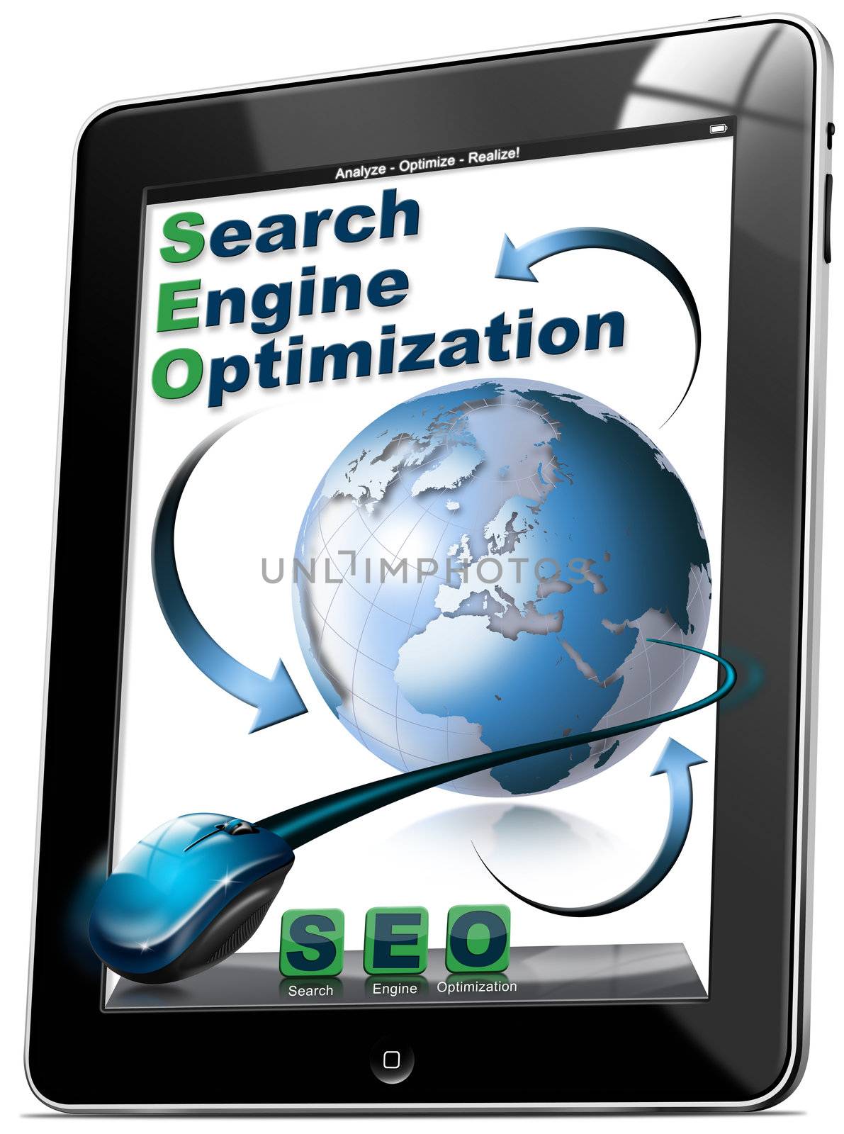 Tablet computer with the icons SEO, search engine optimization