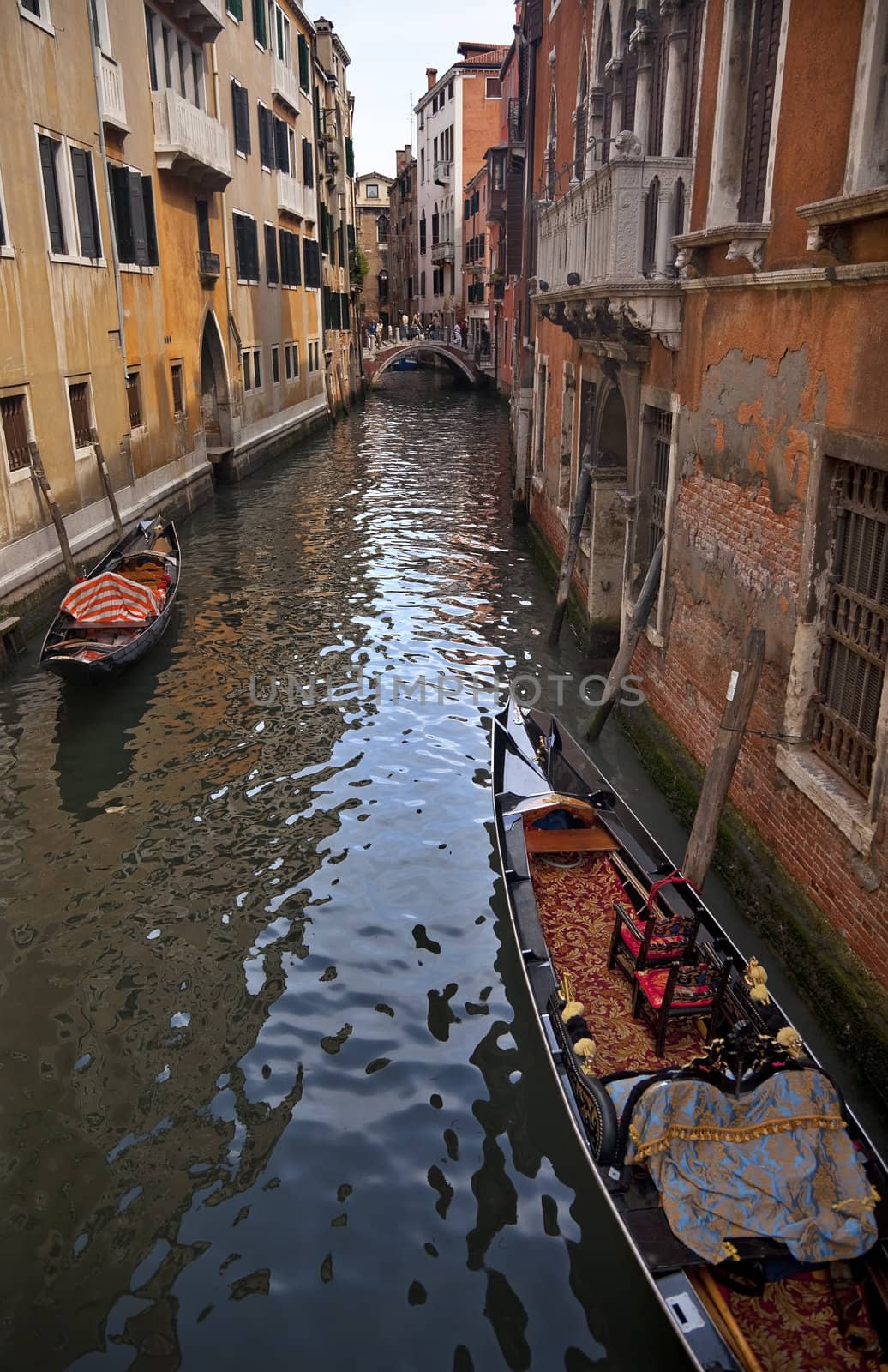 Small Canal Bridge Buildings Gondola Boats Reflections Venice Italy