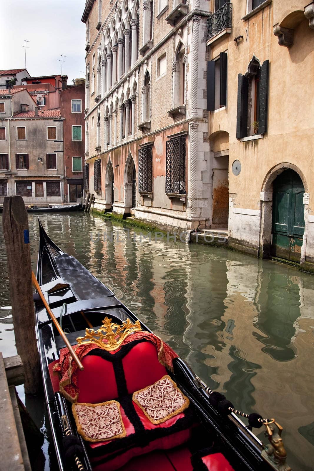 Small Canal Bridge Buildings Gondola Boats Reflections Venice Italy