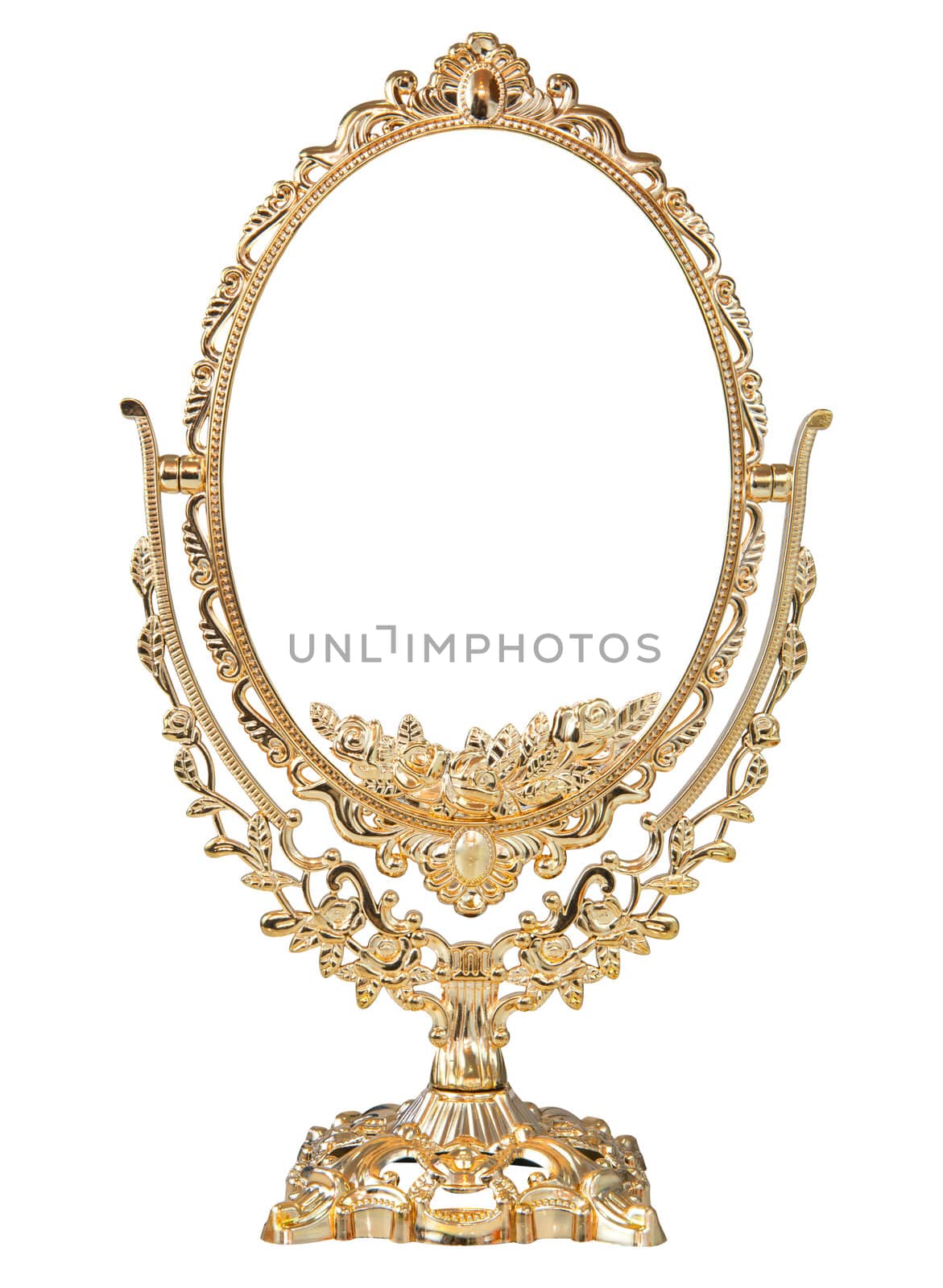 Antique baroque brass gold frame and mirror isolated on white background