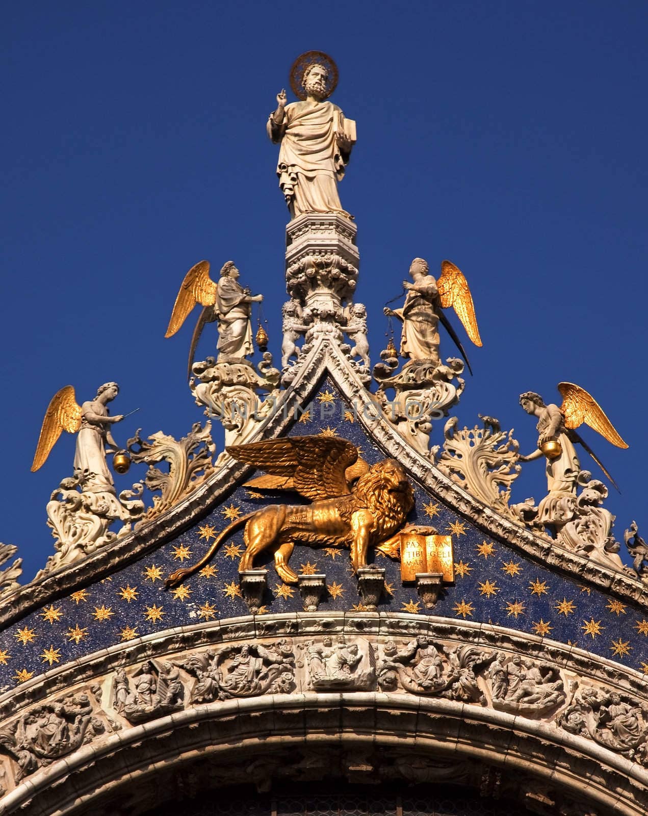 Saint Mark's Basilica, Cathedral, Church Mark Many Angels Statue Venice Italy Lion Symbol of Venice