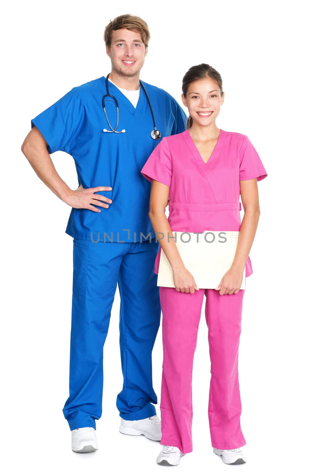 medical professionals standing isolated. Young caucasian man or young asian woman doctors or nurses in medical scrubs.