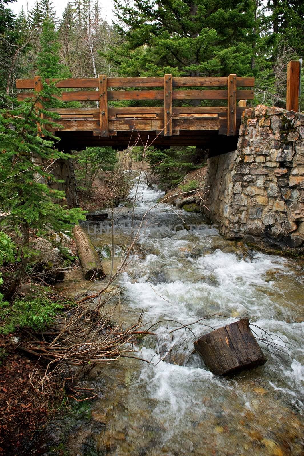 A weathered and worn wooden bridge stretches between two stone walls with a running stream