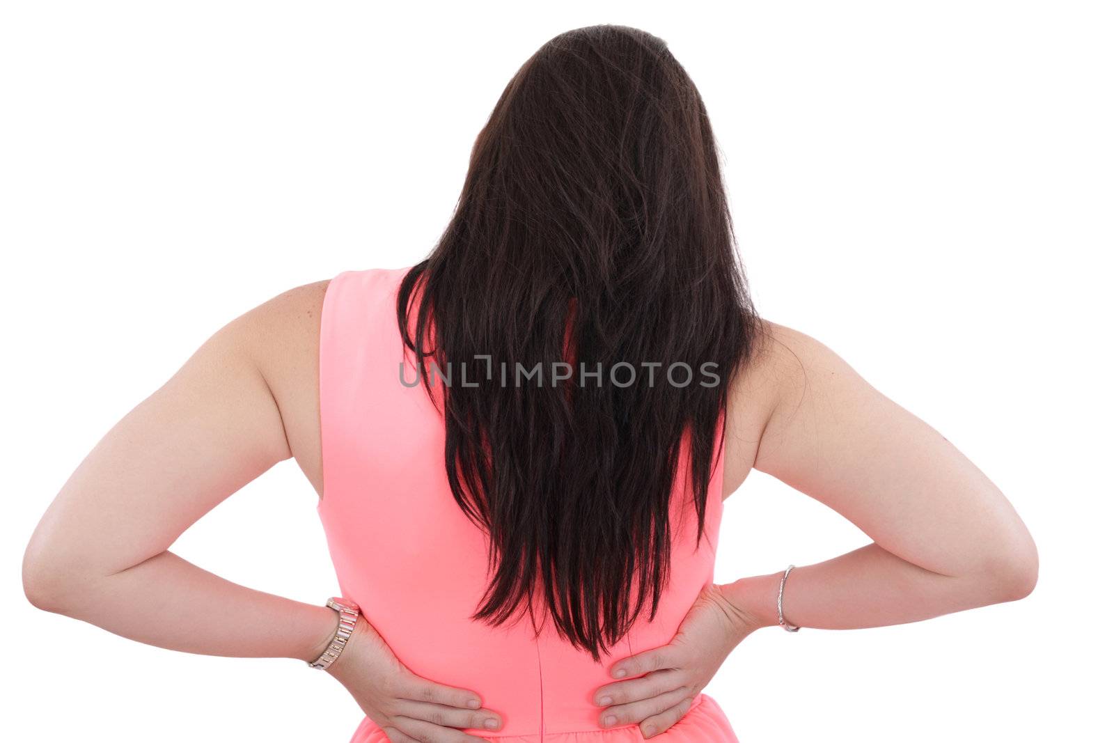 Business woman with back pain isolated over white background