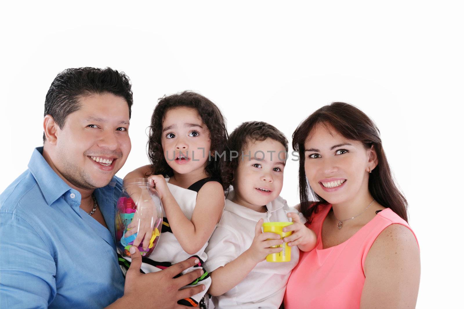 Portrait of young couple having fun with their daughter and son. Isolated on white background.