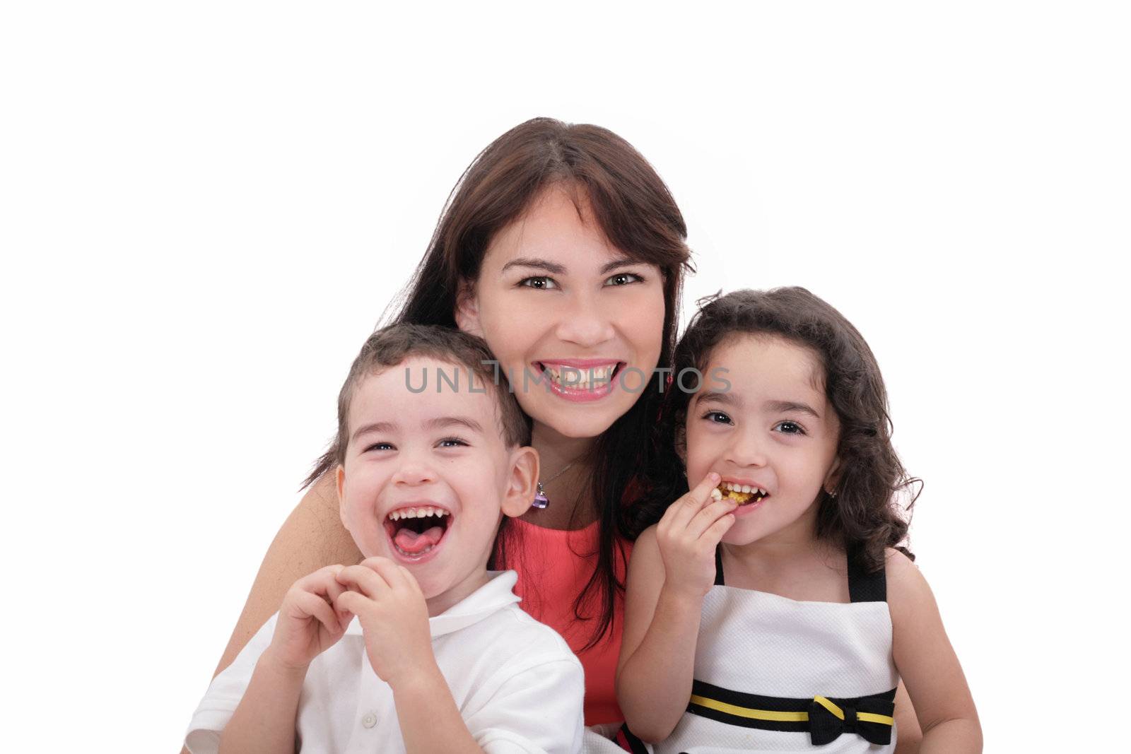 Mother, son and daughter having fun on a white background.