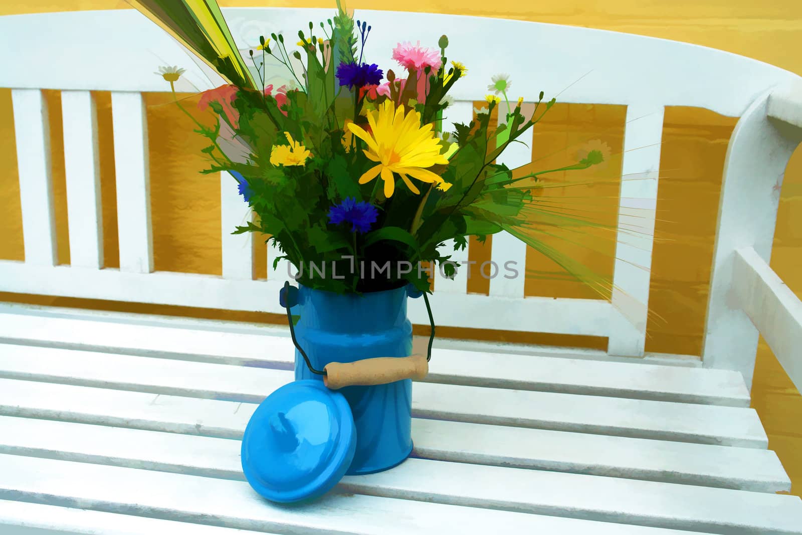 Beautiful spring summer flowers in a blue tin bucket on a garden bench digital art manipulation
