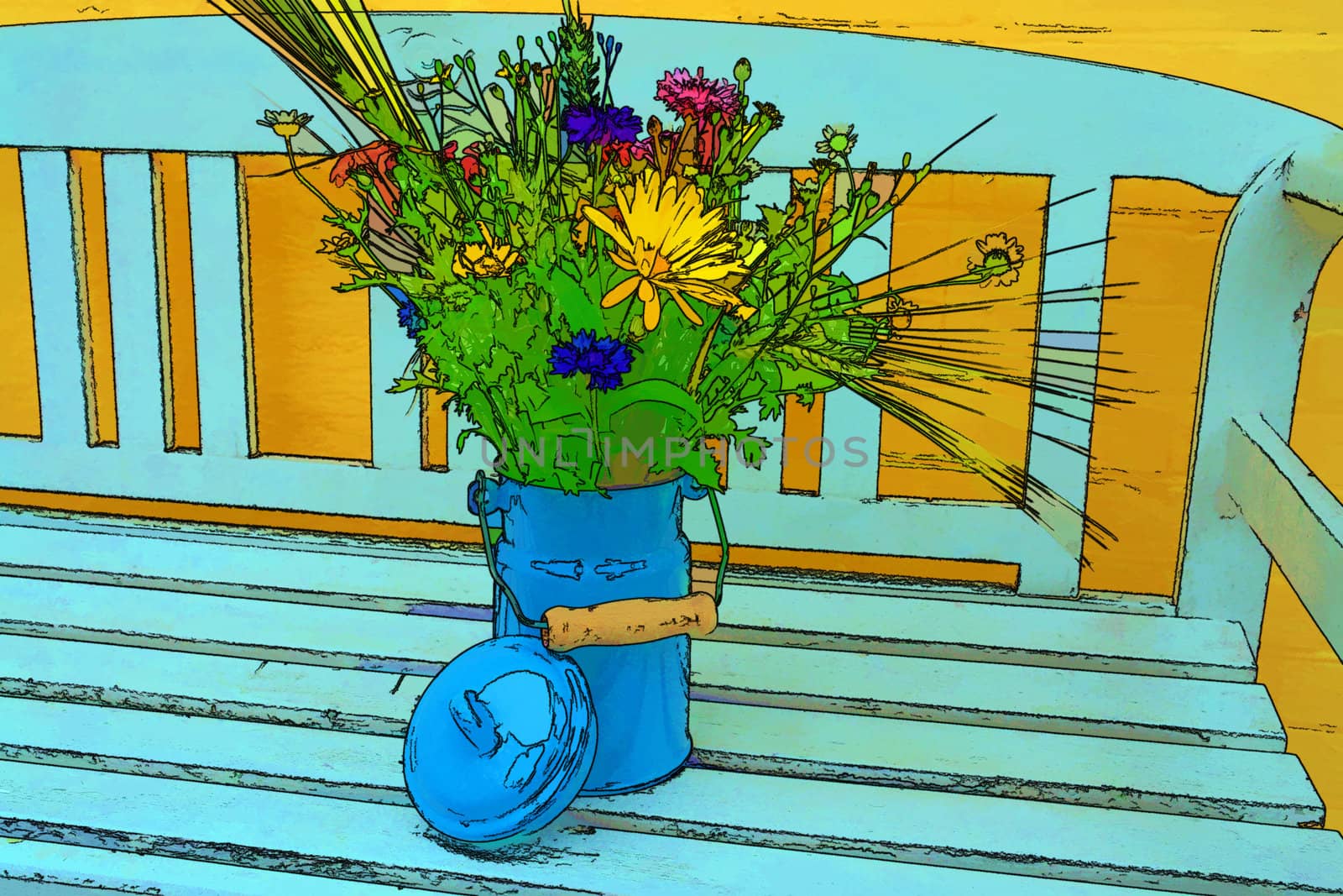 Beautiful spring summer flowers in a blue tin bucket on a garden bench digital art manipulation